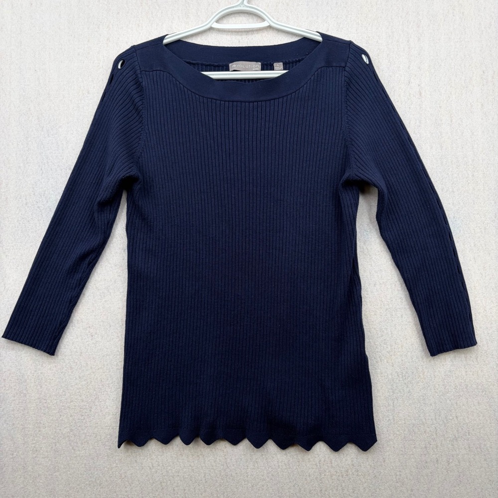 Evolution by Cyrus Navy Blue Ribbed Boat Neck Scallop Hem Sweater Top Large